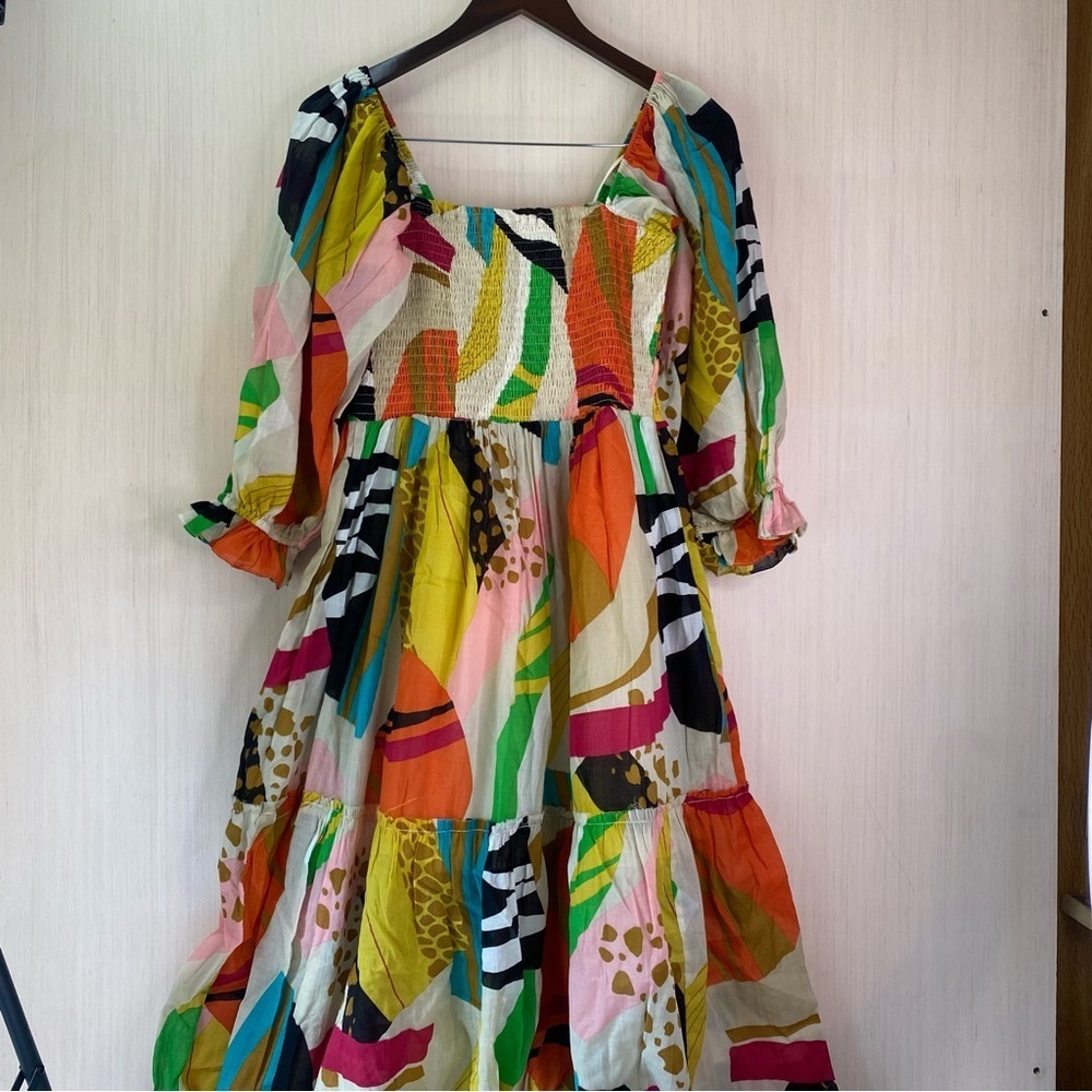 NWT Fate Women’s Abstract Print Smocked Bodice Bubble Sleeve Midi Dress Size L